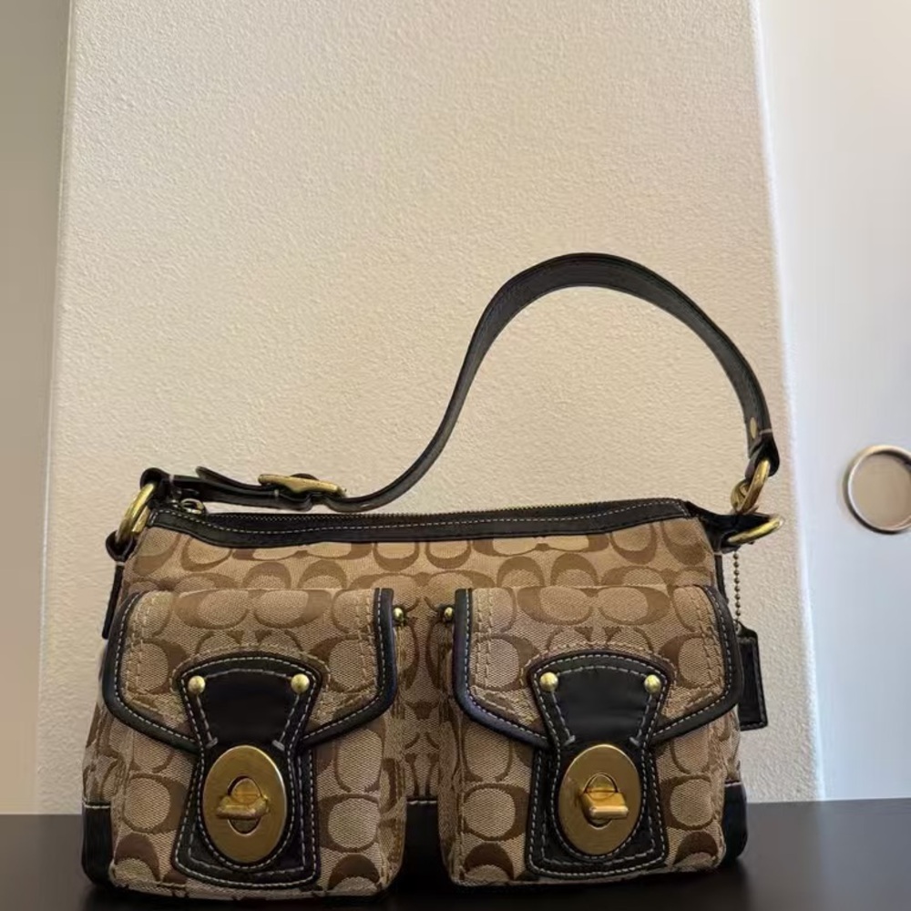 Coach Brown Signature Canvas Shoulder Bag with Dark Trim